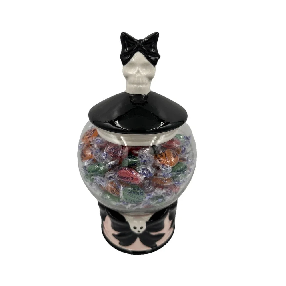 Cobwebs & Cauldrons Candy Jar Black White Glass Skeleton Bow Halloween Gothic